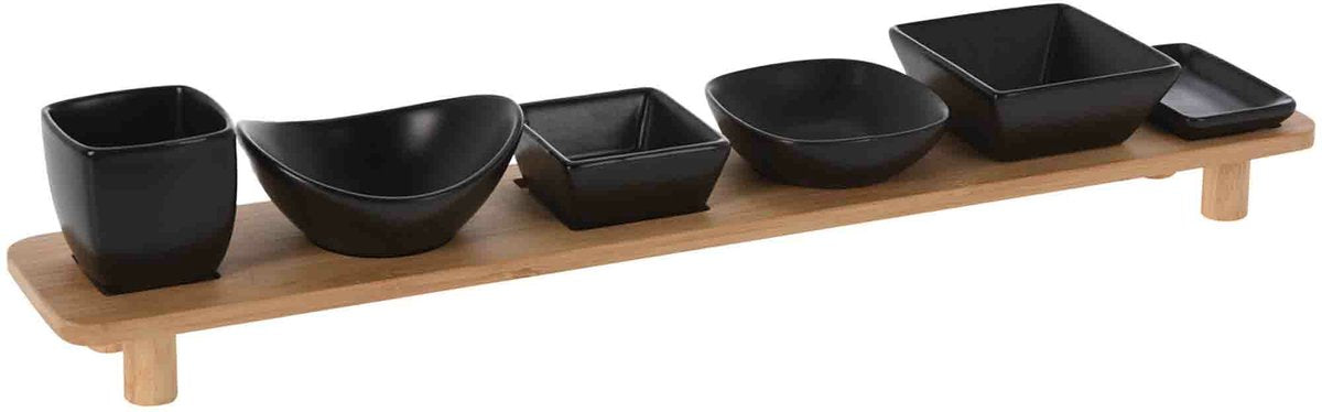 Excellente planche de service pour articles ménagers - avec 6 plats à tapas et sauce snacks - bols - bois - 50 x 8 cm