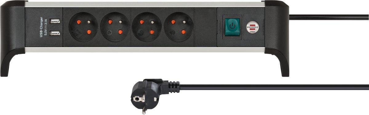 Brennerstuhl alu-office-line multiprise 4 broches terre avec USB (bloc de prise pour le bureau avec câble de 1,8 m et interrupteur, fabriqué en Allemagne)