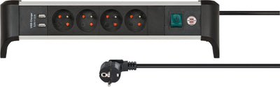 Brennerstuhl alu-office-line multiprise 4 broches terre avec USB (bloc de prise pour le bureau avec câble de 1,8 m et interrupteur, fabriqué en Allemagne)