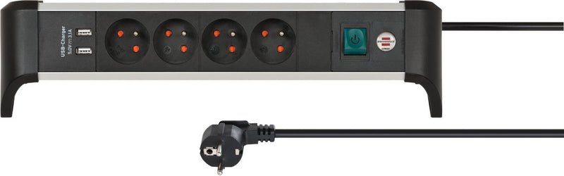 Brennerstuhl alu-office-line multiprise 4 broches terre avec USB (bloc de prise pour le bureau avec câble de 1,8 m et interrupteur, fabriqué en Allemagne)