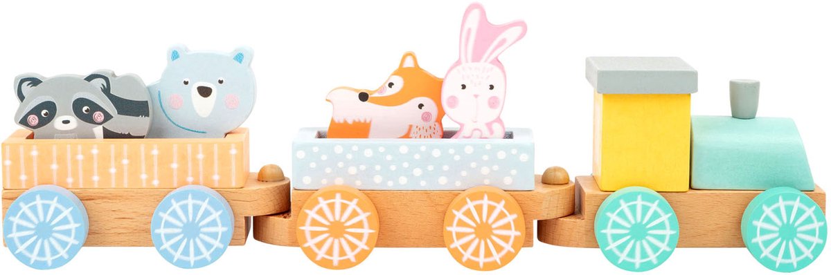 Petit train en bois avec des animaux forestiers pastel, 9dlg.