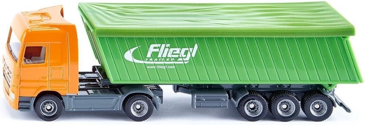 Siku 1796, camion Mercedes-Benz, échelle 1:87, métal-plastique, avec bâche de toit amovible en plastique élastique, ouverture mobile, support amovible avec remorque basculante orange vert (1796)