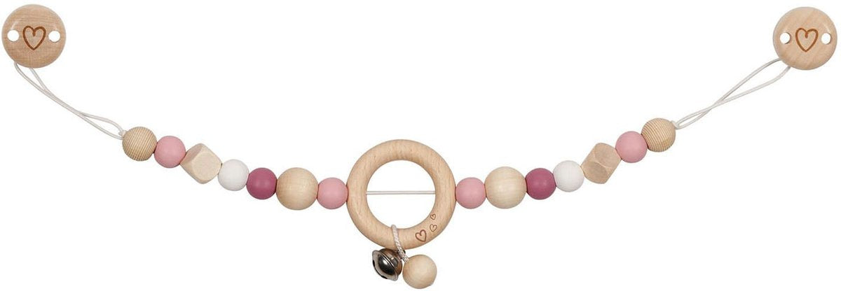 Chaîne de poussette en bois Goki coeur rose avec clips