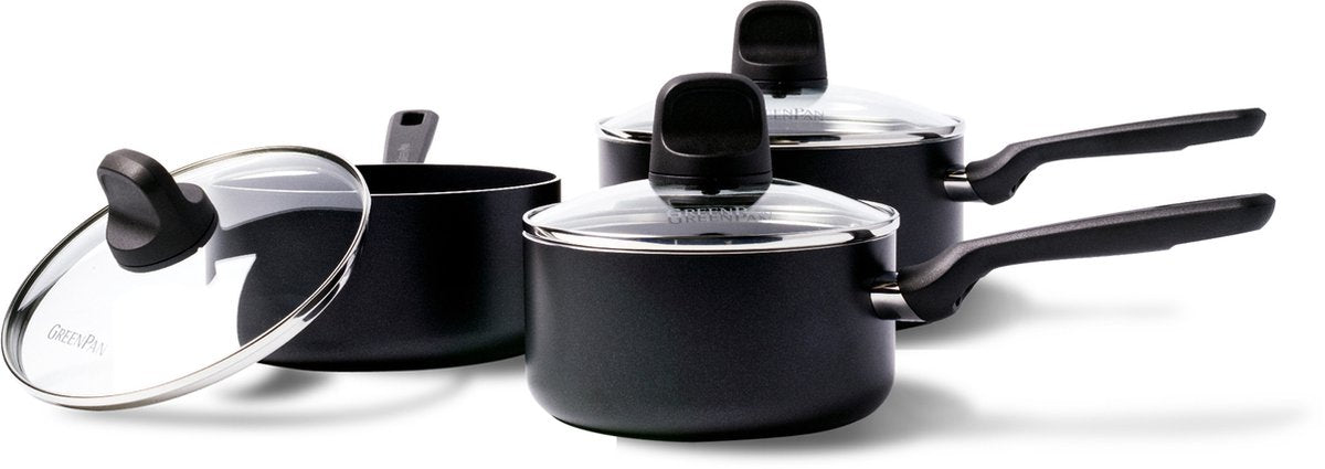 Greenpan Memphis set de poêles 6 pièces - 16 18 20 cm - 1,6 2,1 3,1 l - revêtement antiadhésif sans PFA - casserole induction - poêle en céramique - passe au four jusqu'à 160°c - poignées froides - avec couvercle en verre - noir