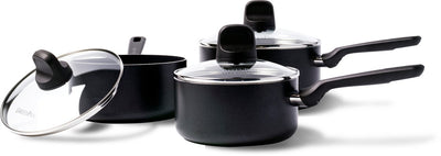 Greenpan Memphis set de poêles 6 pièces - 16 18 20 cm - 1,6 2,1 3,1 l - revêtement antiadhésif sans PFA - casserole induction - poêle en céramique - passe au four jusqu'à 160°c - poignées froides - avec couvercle en verre - noir