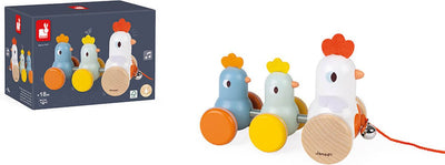 Janod - figurine à tirer en bois poules et poussins - avec des poules qui se dandinent et une cloche qui sonne - à partir de 18 mois