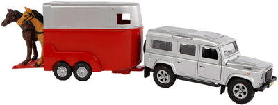 Kids Globe Die Cast Land Rover avec une remorque à cheval 1:32
