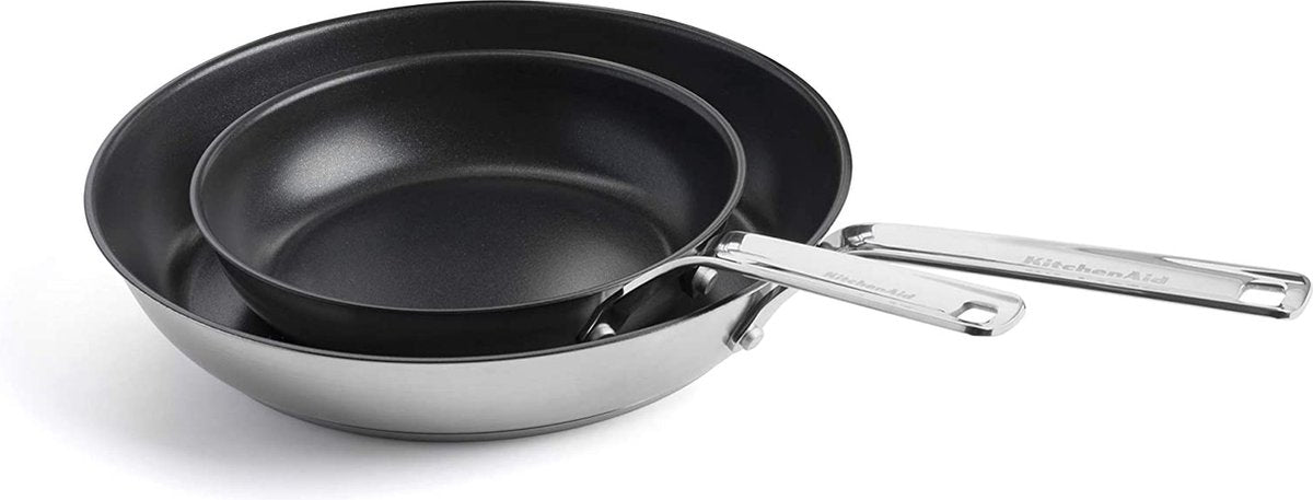 Kitchenaid ensemble de poêles à frire en acier inoxydable 2 pièces - 20 à 28 cm - revêtement antiadhésif sans PFA - set de poêles à induction - poêle en céramique - passe au four jusqu'à 160°c - argent