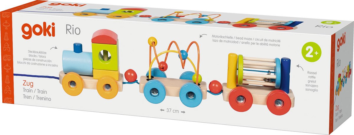 Train en bois Goki Rio avec blocs, labyrinthe de perles, hochet