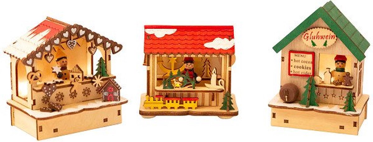 Marché de Noël de décoration en bois à petit pied avec lumières, ensemble de 3