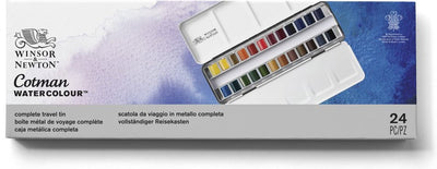 Winsor Newton 0390645 Ensemble de peinture aquarelle Cotman – Boîte à dessin en métal – 24 demi-godets
