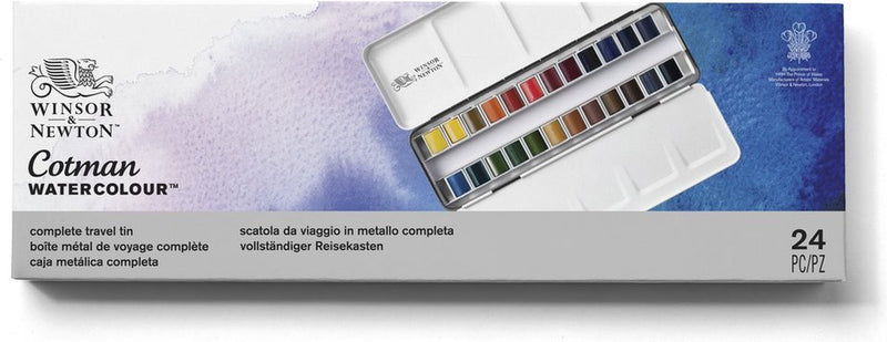 Winsor Newton 0390645 Ensemble de peinture aquarelle Cotman – Boîte à dessin en métal – 24 demi-godets