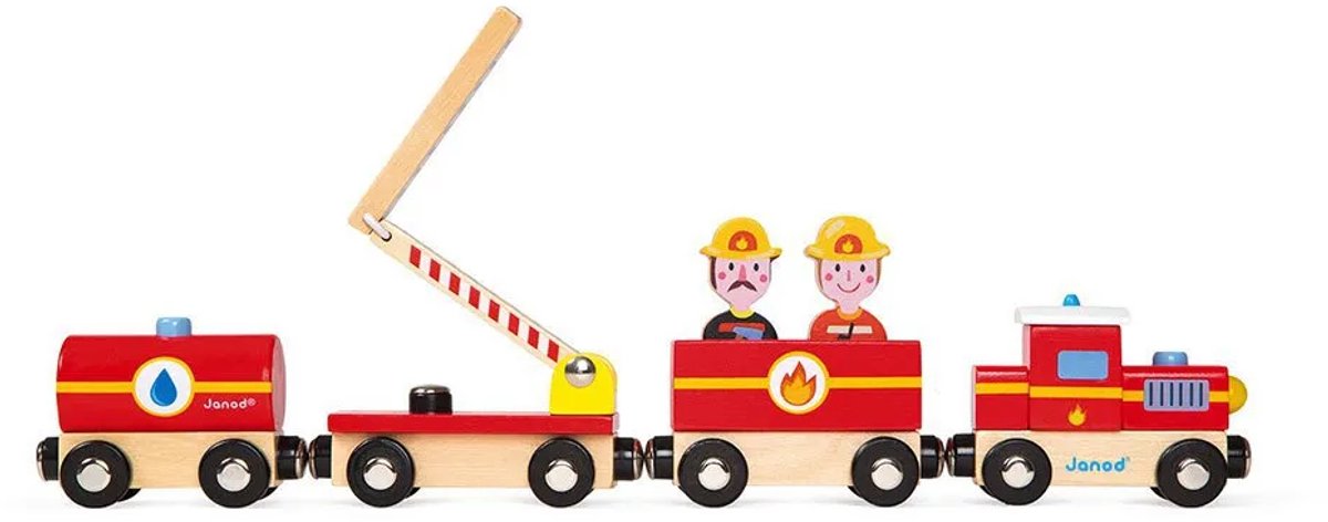 Histoire Janod - train pompiers - train magnétique - 4 voitures magnétiques et 2 pompiers - dès 3 ans
