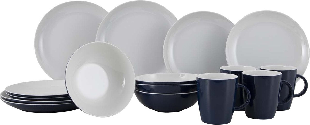 Vaisselle Gimex ligne unie - bleu blanc - 16 pièces