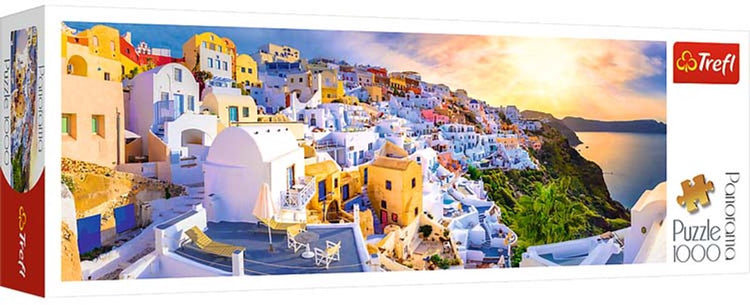 Puzzle Trefl - coucher de soleil Santorin Grèce panorama 1000 pièces.