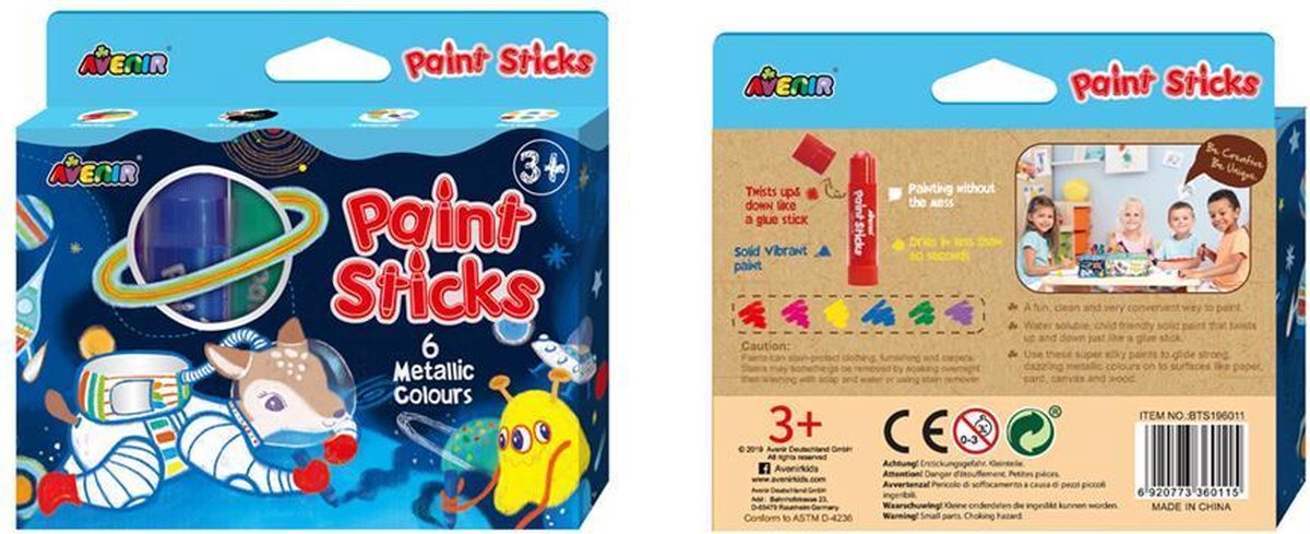 Bâtons de peinture Avenir : 6 couleurs métallisées, en boîte 14,8x2,4cm, 3+