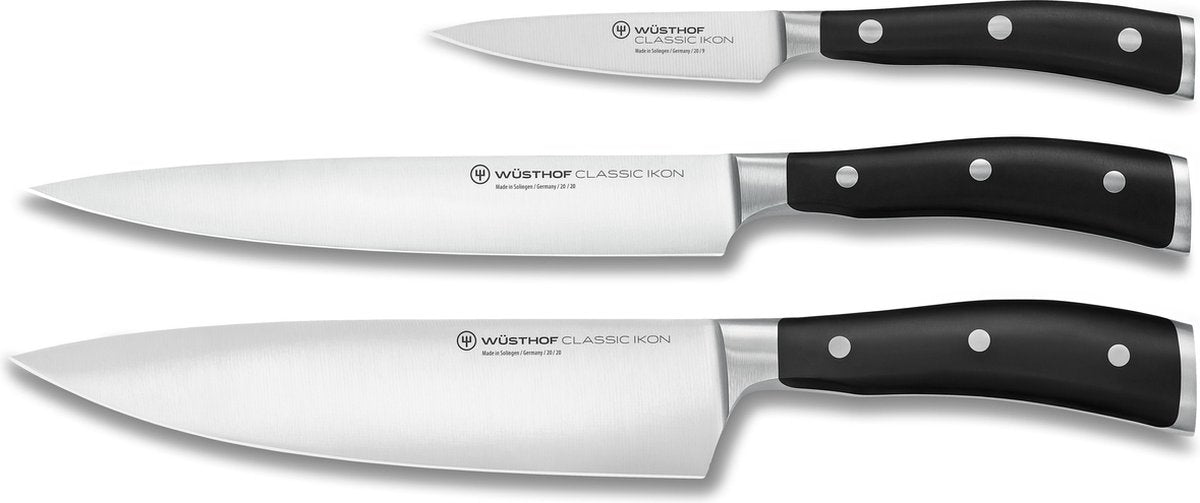 Wusthof wüsthof classic ikon set de couteaux - set de 3 pièces (couteau de chef 20 cm, couteau à découper 20 cm, couteau de bureau 9 cm) - acier inoxydable forgé - manche ergonomique riveté - idéal pour un usage professionnel et domestique
