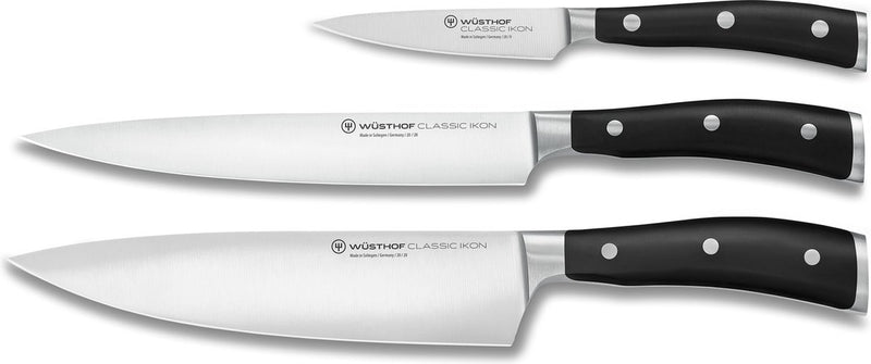 Wusthof wüsthof classic ikon set de couteaux - set de 3 pièces (couteau de chef 20 cm, couteau à découper 20 cm, couteau de bureau 9 cm) - acier inoxydable forgé - manche ergonomique riveté - idéal pour un usage professionnel et domestique