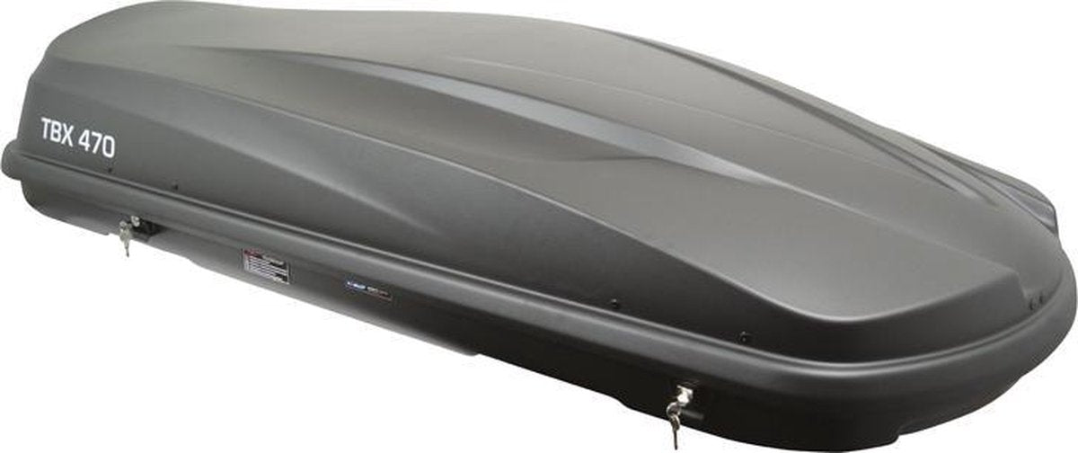 Coffre de toit Twinny Load TBX 470 - capacité 470 litres - capacité de charge maximale 75kg - serrure centrale 2 points verrouillable - fixation sur support en U - dimensions 189x78x38cm