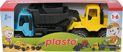 Plasto camion-benne et bulldozer jaune bleu 30 cm - véhicule jouet - lot de 2x 30 cm - camion-benne et bulldozer - véhicules de construction - sans BPA - fabriqué en Finlande - à partir de 1 an