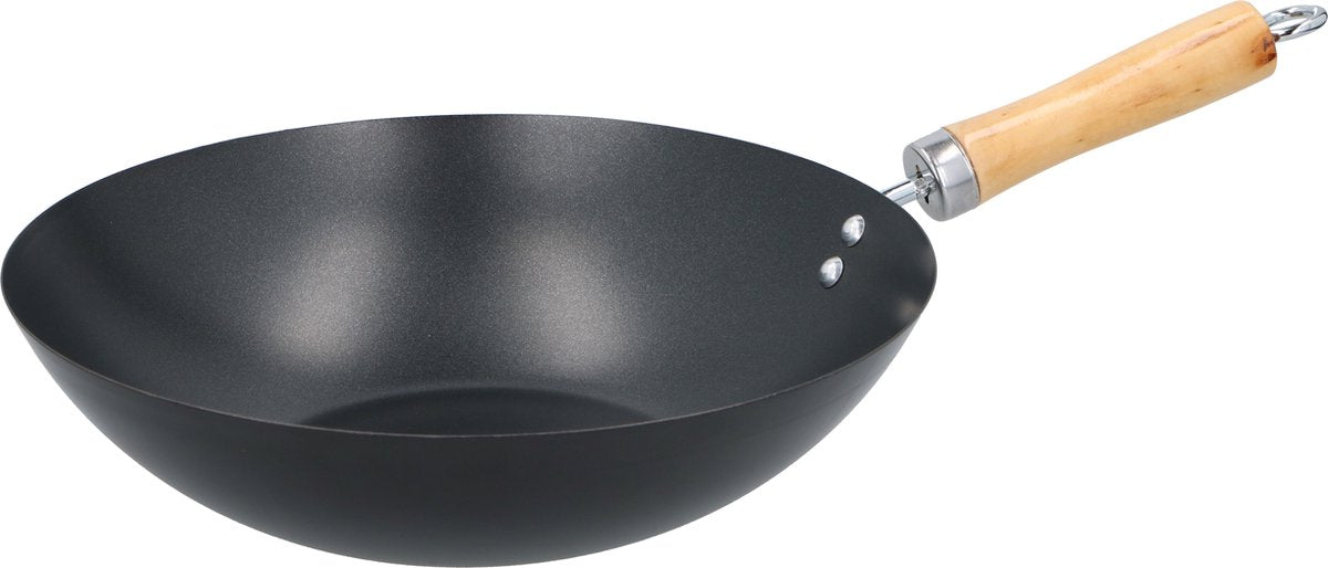 Poêle wok Alpina 30 cm - avec revêtement antiadhésif - poêle en acier inoxydable avec manche en bois - ne convient pas à l'induction - noir