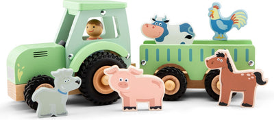 Tracteur en bois Woet ® avec remorque - comprenant 5 animaux de la ferme - vert - véhicule jouet éducatif - jouets de jeu de rôle - à partir de 18 mois