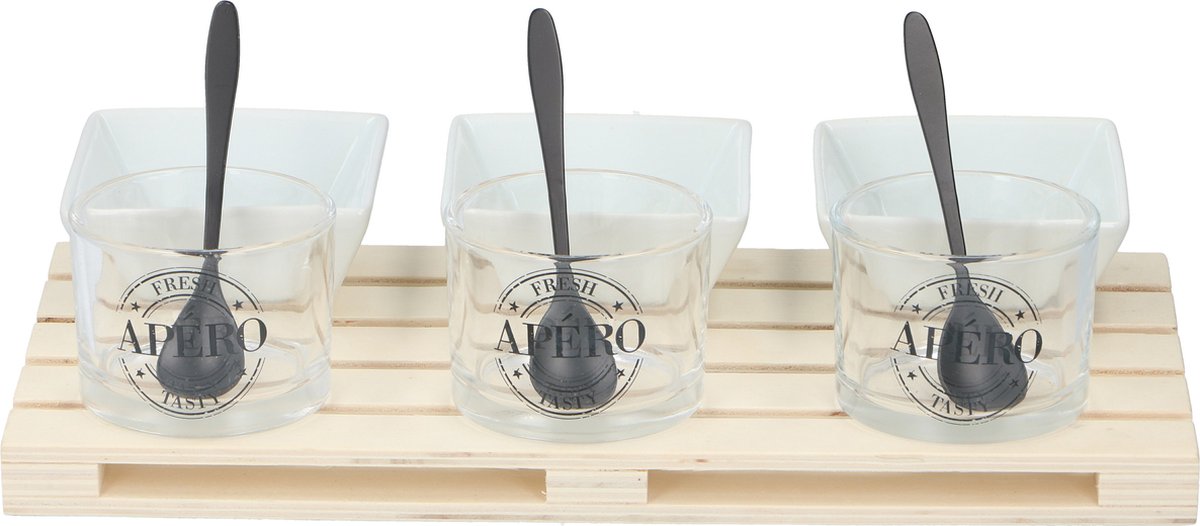Alpina kitchen home ensemble d'apéritif alpina - 1 plateau - mini palette - 3 verres 3 récipients 3 cuillères - pour collations et amuse-gueules