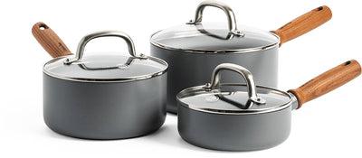 Greenpan mayflower pro set de casseroles en céramique 6 pièces - 16, 18 et 20 cm - set de casseroles à induction - set de casseroles à induction - casserole à induction - avec couvercles en verre - sans PFA - gris - manche en bois