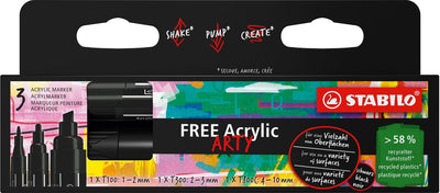 Stabilo free - marqueur acrylique - jeu de pointes mixtes - noir - 3 tailles de pointe différentes