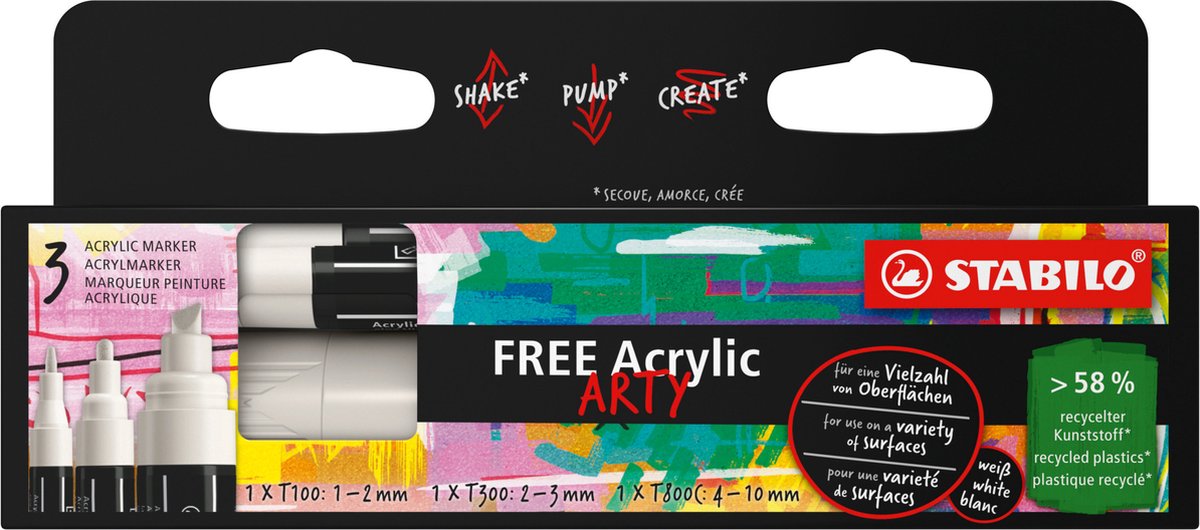 Stabilo free - marqueur acrylique - jeu de pointes mixtes - blanc - 3 tailles de pointe différentes