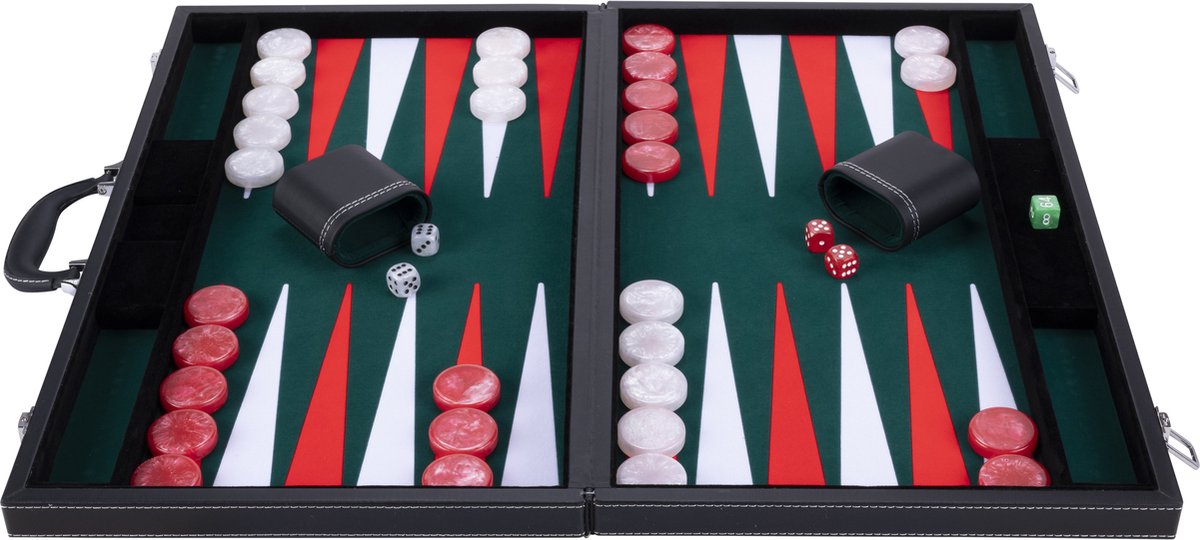 Backgammon Engelhart 21 pouces - plateau incrusté vert, rouge et blanc - étui noir de luxe avec poignée -