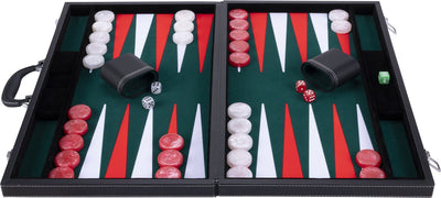 Backgammon Engelhart 21 pouces - plateau incrusté vert, rouge et blanc - étui noir de luxe avec poignée -