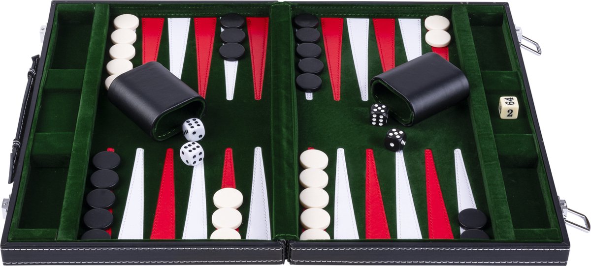 Backgammon Longfield 15 pouces - plateau cousu vert, rouge et blanc - étui en cuir artificiel avec poignée - coeur d'ange