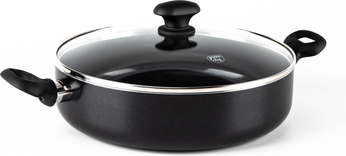 Greenchef sauteuse diamant 28 cm avec couvercle - 4,25 l - revêtement antiadhésif sans PFA - sauteuse induction - poêle céramique - passe au four jusqu'à 160°c - poignée de refroidissement - couvercle en verre - noir