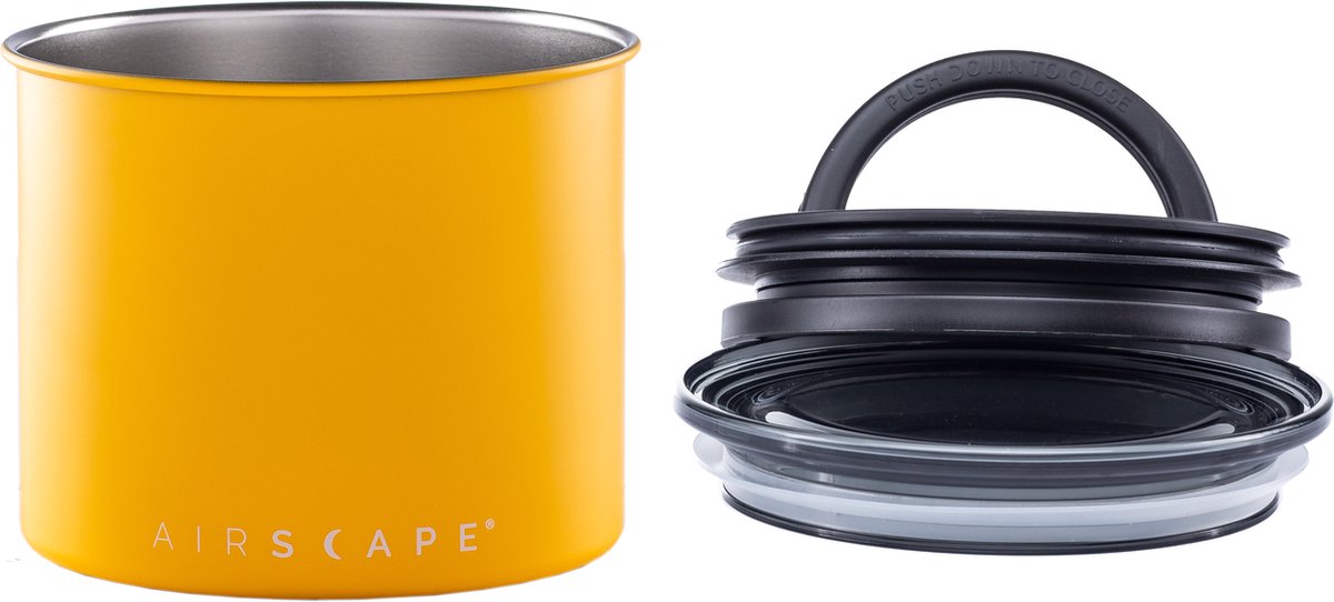 Design planétaire - paysage aérien - grains de café - bocaux de conservation - boîte - hermétique - vide - système breveté - jaune mat - café - acier - jaune mat - 250 grammes