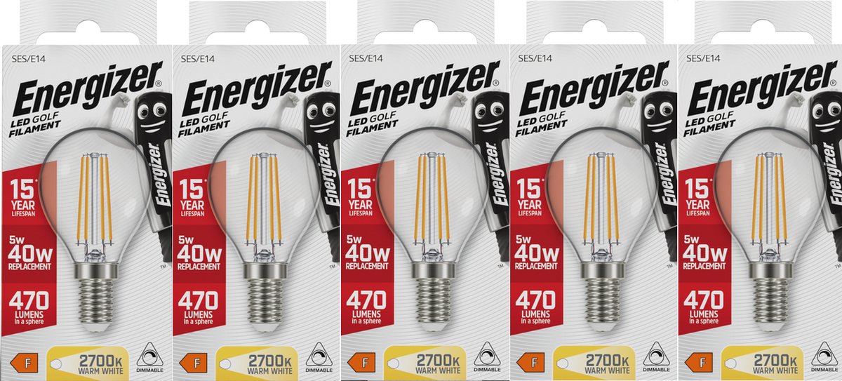 Lampe boule LED à filament économe en énergie Energizer - E14 - 5 watts - lumière blanc chaud - dimmable - 5 pièces