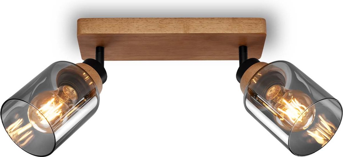 Briloner royk - spot en saillie avec verre fumé - avec bois - spot de plafond avec 2x culot E27 - 28cm