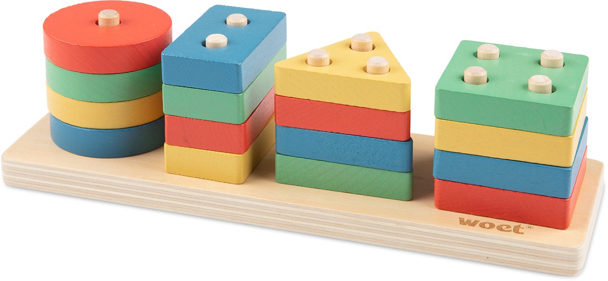 Woet ® puzzle formes en bois - jeu d'empilage et de tri géométrique - apprendre à colorier les formes - jouets éducatifs - Montessori - dès 1 an