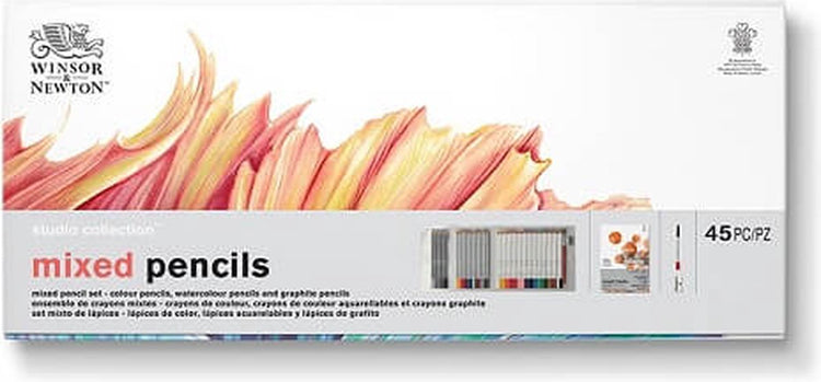 Winsor Newton 2090001 Studio Collection Ensemble de crayons mixtes 45 pièces – Crayons aquarelle, de couleur et graphite avec pinceau, taille-crayon et bloc de papier
