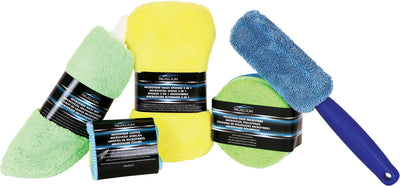 Set microfibre Protecton - 9 pièces - pour nettoyer la voiture, le camping-car ou la caravane - 3 chiffons en microfibre - 3 tampons de polissage - éponge 2 en 1 - gant de lavage - brosse à jantes