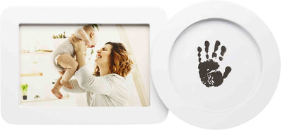 Happy hand - cadre empreinte de main de bébé sans encre - cadre photo sans encre avec compartiment photo - avec tampon sans encre - nettoyage en toute sécurité pour les nouveau-nés - design moderne blanc 30×13×3 cm - cadeau de maternité parfait