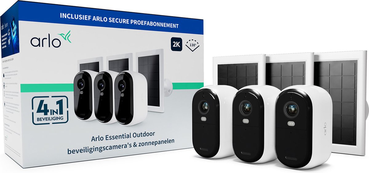 Caméra de sécurité extérieure sans fil Arlo essential 2k et panneaux solaires - 3 caméras 3 panneaux solaires