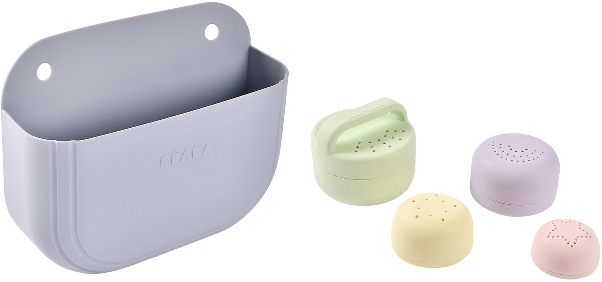 Béaba ensemble de jouets de bain - 4 pièces + panier de rangement - silicone - à partir de 1 an - pour le bain - ventouses