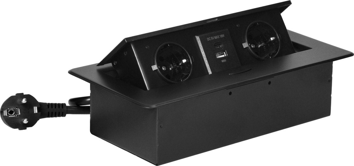 Multiprise pop-up Orno - 2 prises - USB A C - multiprise intégrée avec câble de 1,5 mètre - noir