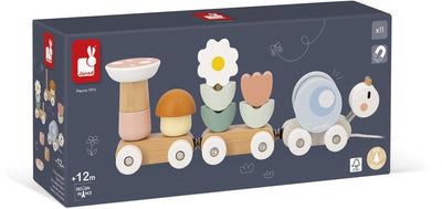 Janod sweet cocoon - houten slakken trein - 2-in-1 bouw-en-trek speelgoed - ontdek vormen en couleurs - idéal pour le trajet en voiture des allerkleinsten - conçu pour 1 an