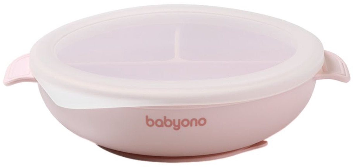 Assiette en silicone Babyono baby ono rose avec couvercle à ventouse