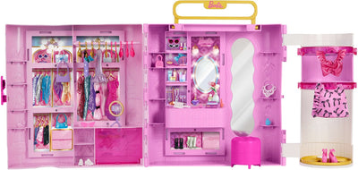 Armoire Barbie avec fonction spin style - coiffeuse, pouf, 4 tenues, plus de 20 pièces et rangement portable