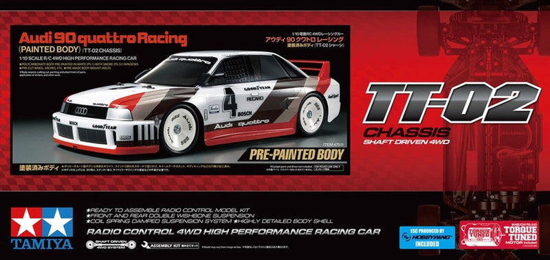 Tamiya modèle kit voiture - 47511 voiture rc - audi 90 quattro racing - tt-02 - carrosserie pré-peinte rc plastique - 1:10 - modèle kit