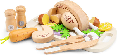 Woet ® ensemble de jouets « poulet rôti » en bois avec légumes - comprenant plateau, couverts et sel poivre - FSC - nourriture jouet - jouets de cuisine de jeu de rôle - à partir de 2 ans