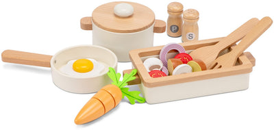 Woet ® ensemble de poêles en bois avec plat à pâtisserie blanc - ensemble de 20 pièces avec légumes et ustensiles de cuisine - ensemble de cuisine jouet - accessoires de cuisine jouets pour enfants - jouets de cuisine de jeu de rôle - à partir de 24 mois